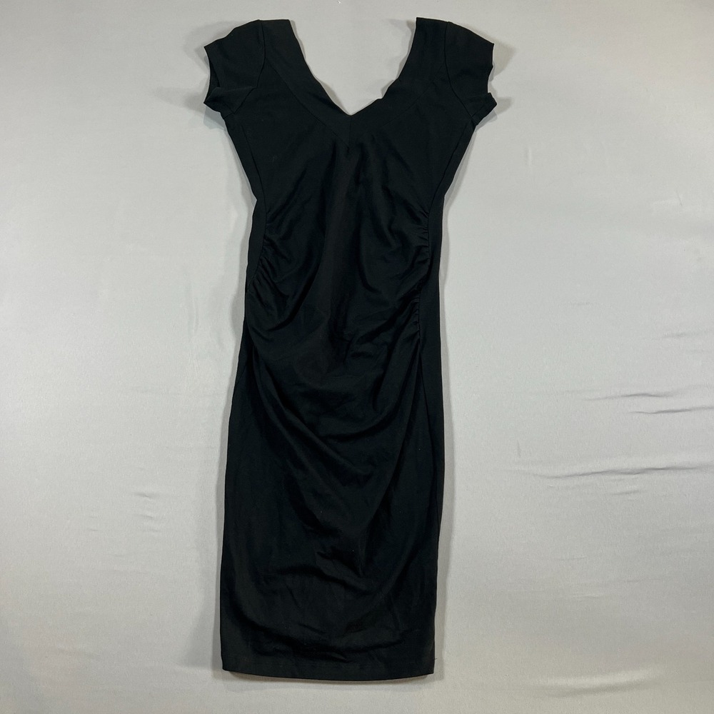 Lazerade Ruched Bodycon Dress Womens Medium Black Stretch Cap Sleeves Cocktail